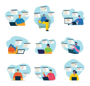 Programlama ve kodlama, web sitesi geliştirme, web tasarımı. Düz stil tasarım modern vektör illüstrasyon kavramı.