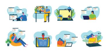 Programlama ve kodlama, web sitesi geliştirme, web tasarımı. Düz stil tasarım modern vektör illüstrasyon kavramı.