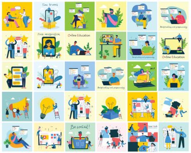 Çevrimiçi konsept illüstrasyon giy. İnsanlar konferans yapmak için masaüstü ve dizüstü bilgisayardaki görüntülü konuşmayı kullanıyorlar. Bir grup insanın iş aktivitesi. Evden biraz uzakta çalış. Düz modern vektör illüstrasyonu.