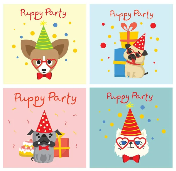 Puppy Party Achtergrond Leuke Wenskaart Met Cadeautjes Puppy Hond Katten — Stockvector