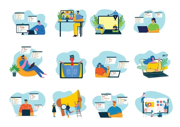 Programlama ve kodlama, web sitesi geliştirme, web tasarımı. Düz stil tasarım modern vektör illüstrasyon kavramı.