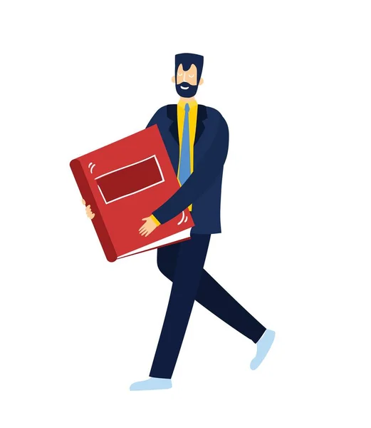 Illustration d'un homme avec un livre. Homme d'affaires joyeux souriant et tenant un livre. Illustration vectorielle de style simple — Image vectorielle