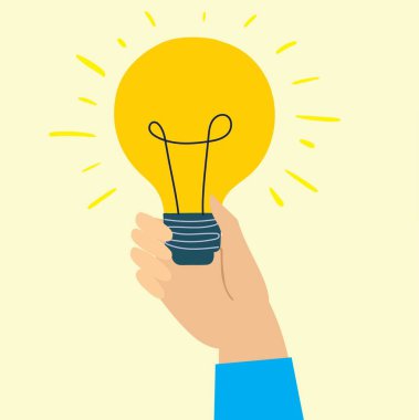 Vektör başlangıç konsepti - iş simgeleri ve işaretler. Bir ampul fikrini ele alalım. Düz biçimdeki vektör illüstrasyonu