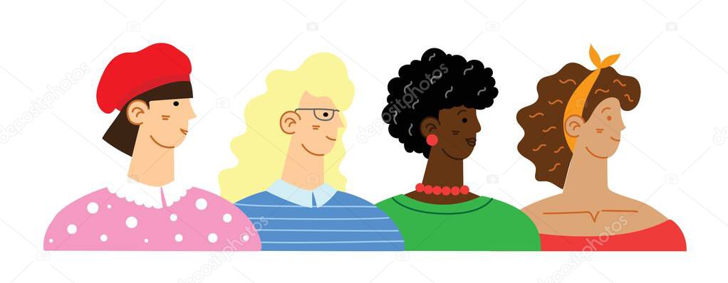Diverse international and interracial group of standing women. For girls power concept, feminine and feminism ideas. Vector illustration in the flat style