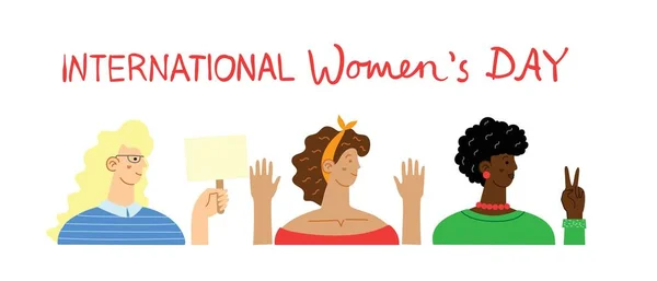 Diverse International Interracial Group Standing Women Girls Power Concept Feminine — Stock Vector