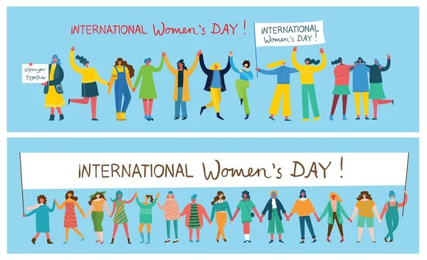 Internationell Kvinnodag Mångsidig Internationell Och Rasöverskridande Grupp Stående Kvinnor För — Stock vektor