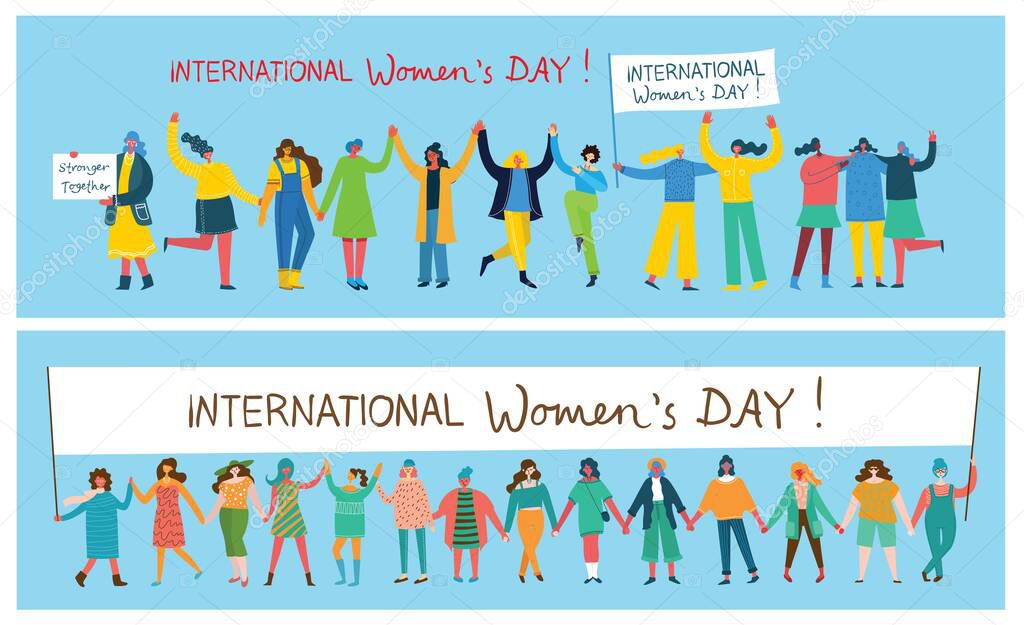 International women's day.Diverse international and interracial group of standing women. For girls power concept, feminine and feminism ideas. Vector illustration in the flat style