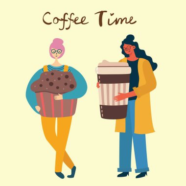 Kahve ve kek ile kızların vektör illüstratoini