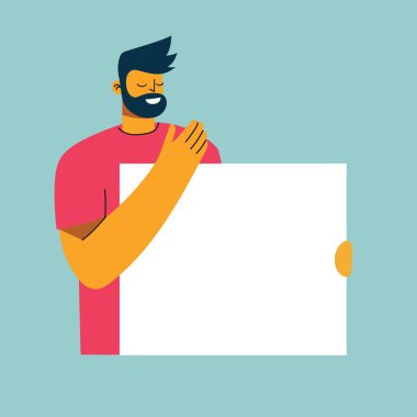 Reklamlarda, sunumlarda, broşürlerde, bloglarda, belgelerde ve biçimlerde kullanılmak üzere afiş taşıyan adamın vektör ilülasyonu