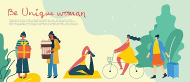 Uluslararası Kadınlar Günü. Farklı uluslar arası ve ırklar arası kadın grupları. Kızlar için güç kavramı, feminen ve feminizm fikirleri. Düz biçimdeki vektör illüstrasyonu