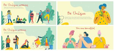 Uluslararası Kadınlar Günü. Farklı uluslar arası ve ırklar arası kadın grupları. Kızlar için güç kavramı, feminen ve feminizm fikirleri. Düz biçimdeki vektör illüstrasyonu