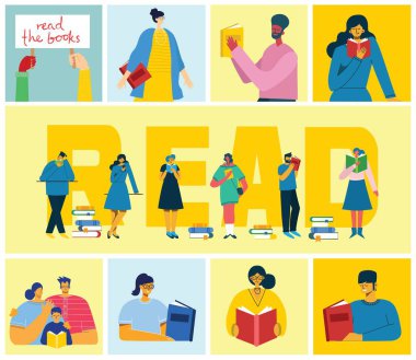 Dünya Kitap Günü 'nün vektör konsepti illüstrasyonları, kitap ve kitap festivalini düz bir şekilde okumak. İnsanlar oturur, durur, yürür ve kitap okurlar.