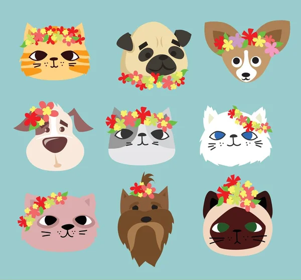 Vector Tarjetas Pascua Con Gatos Perros Flores Primavera Feliz Pascua — Archivo Imágenes Vectoriales