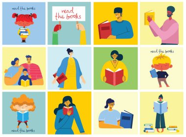 Dünya Kitap Günü 'nün vektör konsepti illüstrasyonları, kitap ve kitap festivalini düz bir şekilde okumak. İnsanlar oturur, durur, yürür ve kitap okurlar.