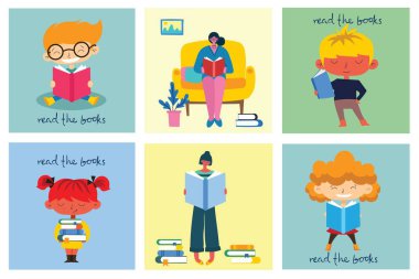 Dünya Kitap Günü 'nün vektör konsepti illüstrasyonları, kitap ve kitap festivalini düz bir şekilde okumak. İnsanlar oturur, durur, yürür ve kitap okurlar.