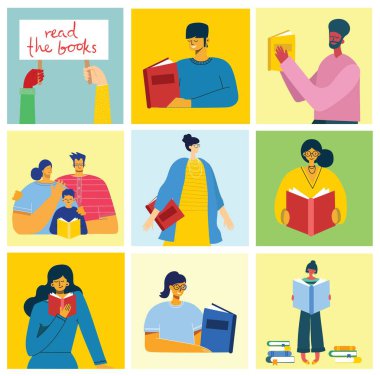 Dünya Kitap Günü 'nün vektör konsepti illüstrasyonları, kitap ve kitap festivalini düz bir şekilde okumak. İnsanlar oturur, durur, yürür ve kitap okurlar.