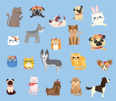 Sevimli ve komik çizgi film karakterlerinin vektör çizimi. Farklı cins kedi ve köpekler.