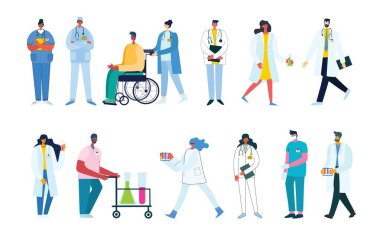 Bir grup doktor, hemşire ve tıbbi personel. Düz tasarımlı tıbbi ekip kavramı insan karakteri.