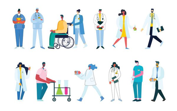 Group of doctors and nurses and medical staff. Medical team concept in flat design people character.