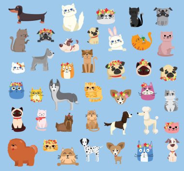 Sevimli ve komik çizgi film karakterlerinin vektör çizimi. Farklı cins kedi ve köpekler.