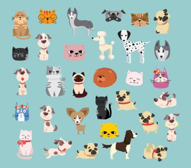 Sevimli ve komik çizgi film karakterlerinin vektör çizimi. Farklı cins kedi ve köpekler.