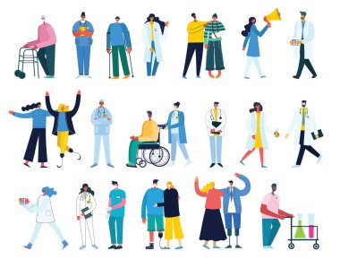 Bir grup doktor, hemşire ve tıbbi personel. Düz tasarımlı tıbbi ekip kavramı insan karakteri.