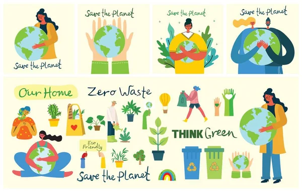 Set of eco save environment pictures. People taking care of planet collage. Zero waste, think green, save the planet, our home hand written text — Stock Vector