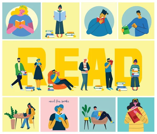 Concepto vectorial ilustraciones del Día Mundial del Libro, la lectura de los libros y el festival del Libro en el estilo plano. — Vector de stock