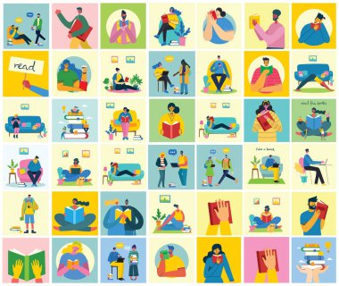 Dünya Kitap Günü 'nün vektör konsepti illüstrasyonları, kitap ve kitap festivalini düz bir şekilde okumak. İnsanlar oturur, durur, yürür ve kitap okurlar.