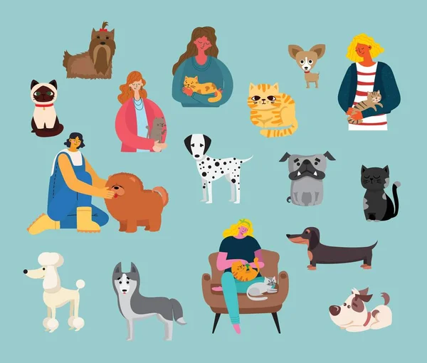 Personas Con Lindos Gatos Perros Diseño Plano — Archivo Imágenes Vectoriales