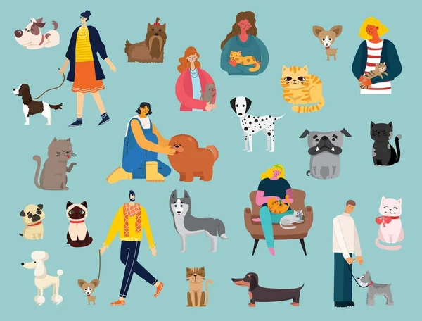 Personas Con Lindos Gatos Perros Diseño Plano — Vector de stock