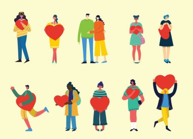 İhtiyacın olan tek şey aşk. Aşk masajı gibi kalbi olan insanlar. Sevgililer Günü resimli kartlar. Düz stil seven mutlu çiftler.