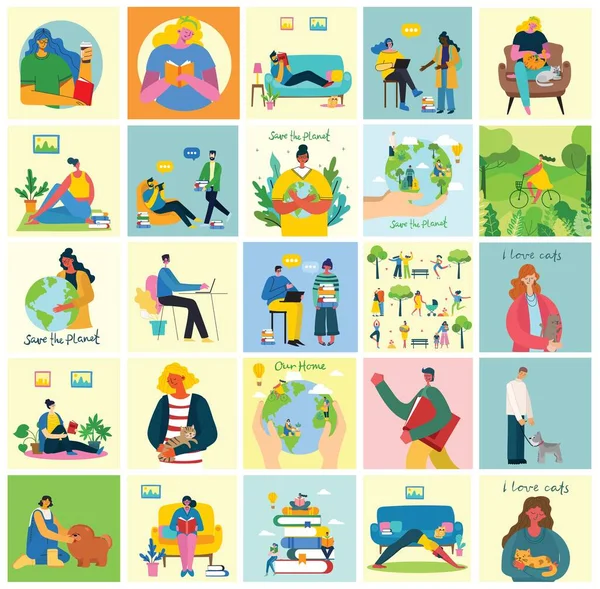 Set of people, men and women with different things. Vector graphic objects for collages and illustrations. — Stock Vector