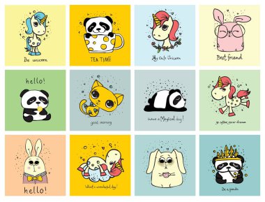 Şirin karalama yapan hippi hayvanların vektör seti. Tebrik kartı tasarımı, tişört baskısı ve çocuk posterleri için mükemmel..