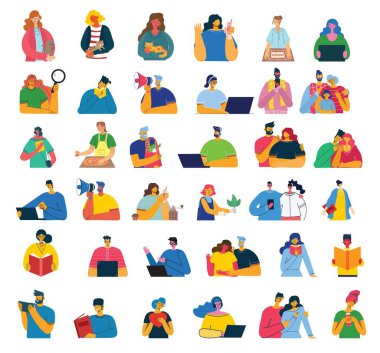 Kolaj ve illüstrasyonlar için vektör grafik nesneleri olan bir grup insan, erkek ve kadın. Modern renkli düz stil.