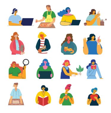 Kolaj ve illüstrasyonlar için vektör grafik objeleri olan bir grup kadın. Modern renkli düz stil.