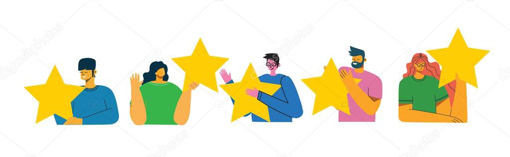 People are holding five stars and giving positive feedback. Happy clients evaluating app, product, service. Feedback consumer, customer review evaluation. Trendy vector flat illustration.