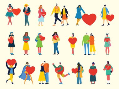 İhtiyacın olan tek şey aşk. Aşk masajı gibi kalbi olan insanlar. Sevgililer Günü resimli kartlar. Düz stil seven mutlu çiftler.