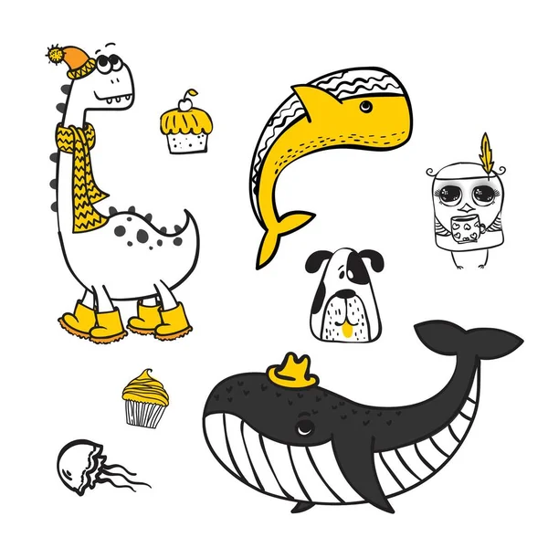 Collection Personnages Dessins Animés Hipster Animaux Baleine Chien Hibou Dinosaure — Image vectorielle