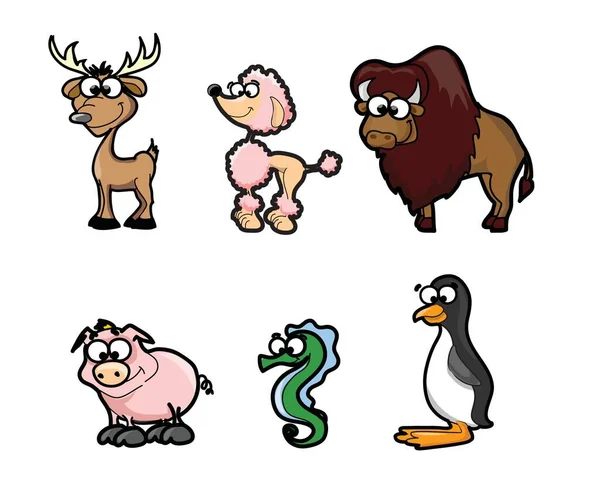 Collection Hipster Cartoon Character Animals Deer Poodle Bison Penguin Pig — Stock Vector