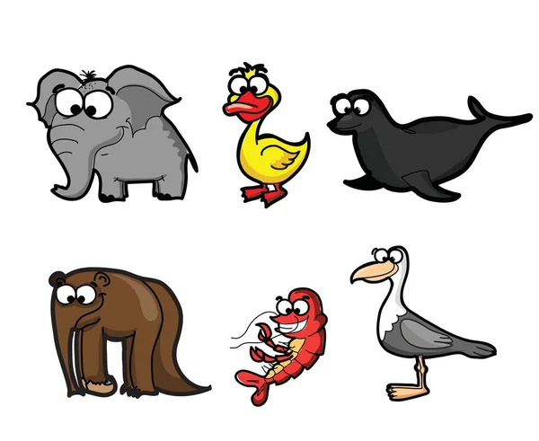 Collection Hipster Cartoon Character Animals Elephant Anteater Duck Seagull Shrimp — Stock Vector