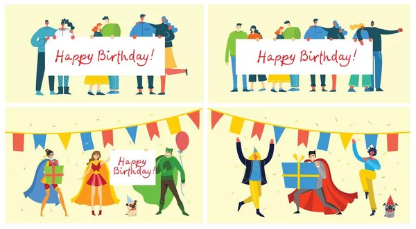 Днем Рождения Счастливая Группа Людей Празднует Ярком Фоне Векторная Иллюстрация — стоковый вектор