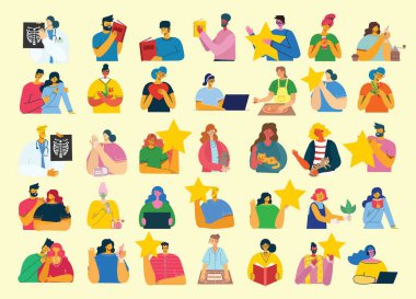 Farklı şeylere sahip insanlar, erkekler ve kadınlar kolaj ve çizimler için vektör grafik nesneler. Modern renkli düz stil.