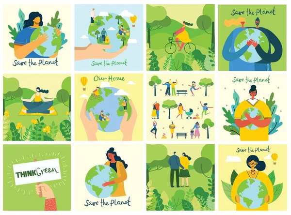 Σετ Οικολογικών Εικόνων Για Εξοικονόμηση Περιβάλλοντος Ανθρώπους Που Φροντίζουν Τον — Διανυσματικό Αρχείο