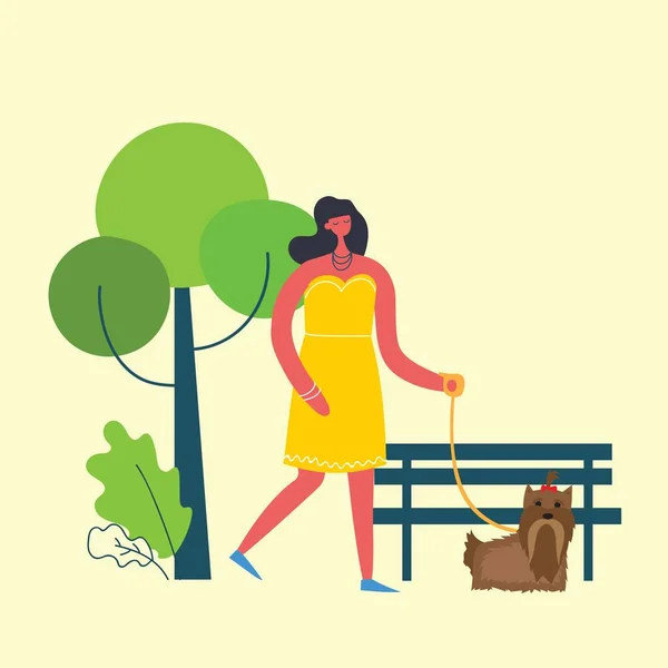 フラットスタイルで公園内のかわいい犬や猫やペットと女の子 — ストックベクタ