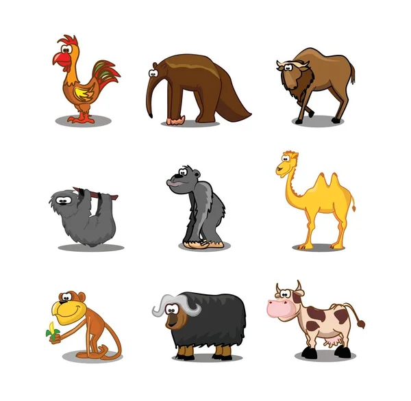 Kolekcja hipster postać z kreskówek kogut, mrówkojad, lenistwo, wielbłąd, małpa, żubr, krowa — Wektor stockowy
