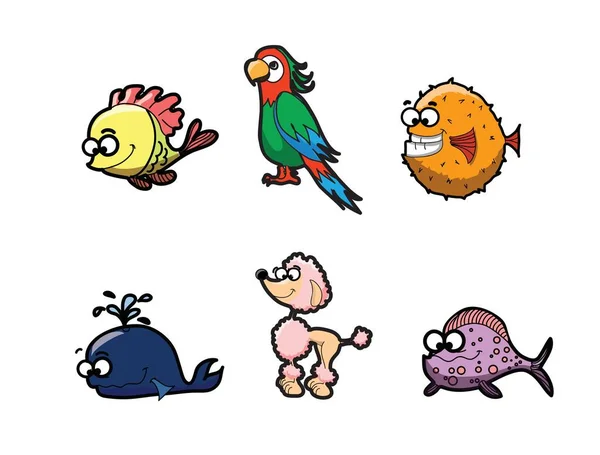 Collection Personnages Dessins Animés Hipster Animaux Poissons Baleine Chien Illustration — Image vectorielle