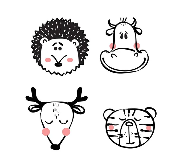 Collection Hipster Cartoon Character Animals Cow Deer Hedgehog Tiger Isolated — Stock Vector