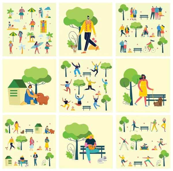 Vector Illustration Backgrounds Group People Walking Outdoor Park Weekend Flat — Stock Vector