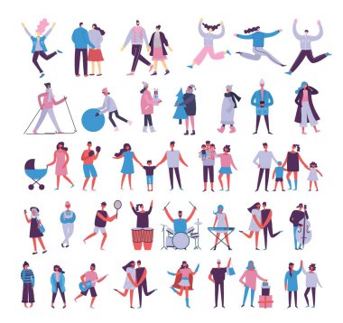 Set of people, men and women with different things. Vector graphic objects for collages and illustrations. clipart
